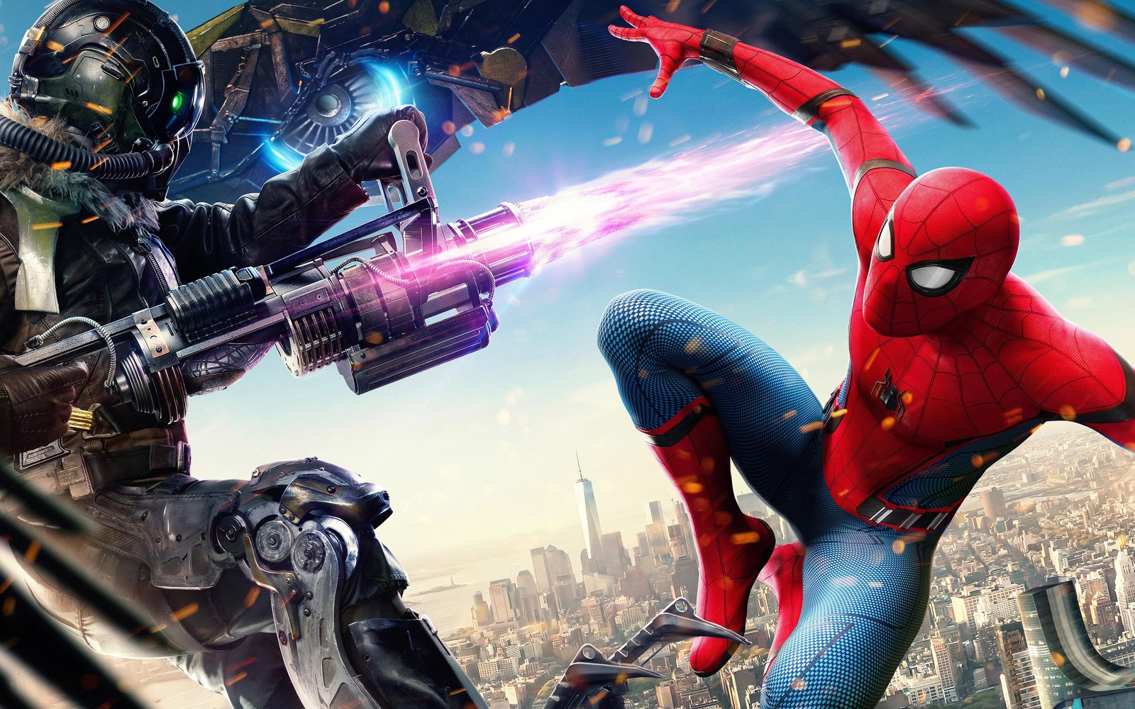 Spider-man et un robot se battent dans la ville (spider man, spider man homecoming, vautour, pc game, film)