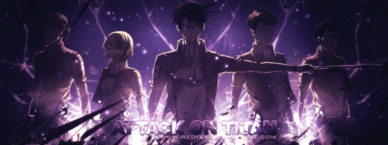 Группа людей, стоящих перед фиолетовым фоном (леви, levi, mikasa ackerman, атака титанов, attack on titan)