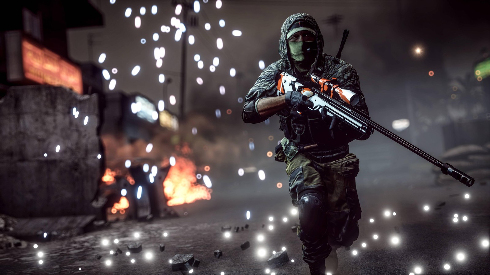 A man in a gas mask holding a rifle in a dark city (soldier, battlefield 4, darkness, battlefield 3, battlefield hardline)