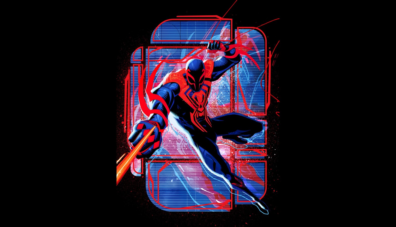 Un homme araignée sautant dans les airs avec un fond rouge et bleu (spider man 2099, spider man à travers le spider verse, spider man across the spider verse, 5k, films 2023)