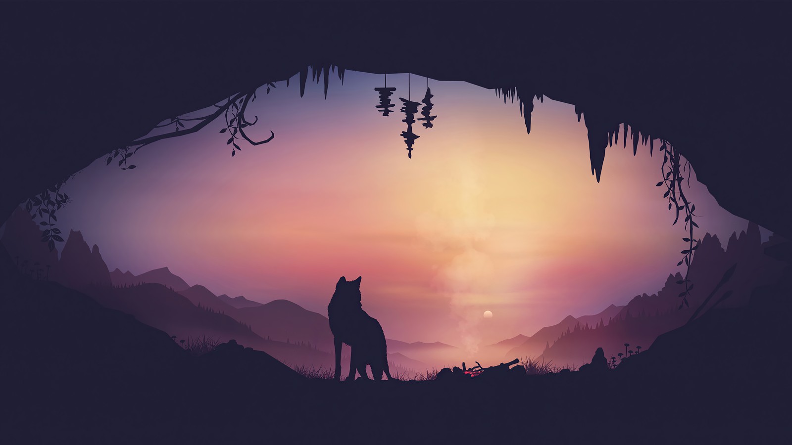 Um lobo solitário em pé em uma caverna olhando para o pôr do sol (raposa, animais, caverna, minimalista, minimalismo)