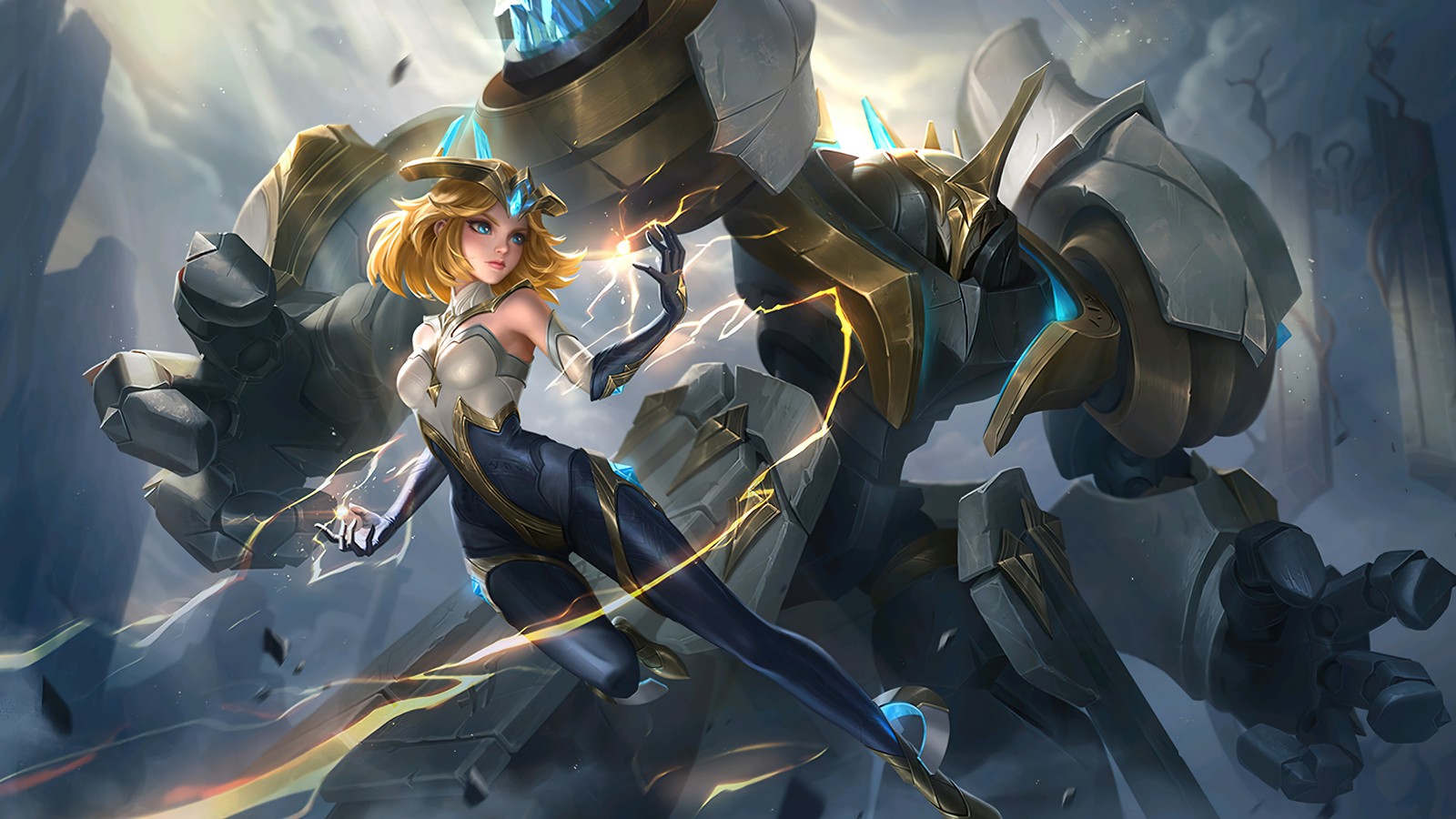 Une femme en haut blanc et pantalons bleus tenant une épée (edith, mobile legends, bang bang, mlbb, jeu vidéo)