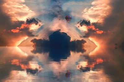 Vibrant Hot Air Balloon Over a Reflective Seascape at Sunset