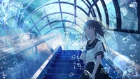 Fille d'anime descendant un escalier entourée d'eau