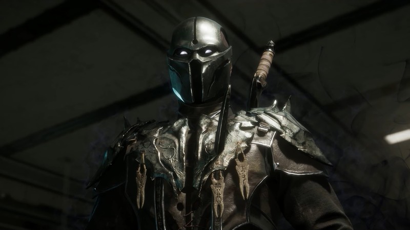 Крупный план человека в шлеме и доспехах (нуб сайбот, noob saibot, mortal kombat 11, видеоигра)