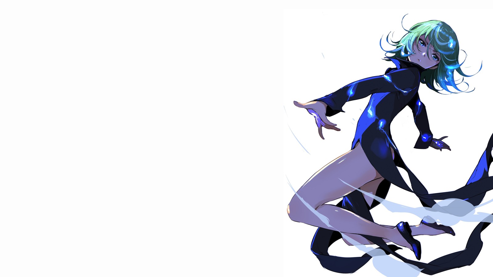 Anime, una mujer con un atuendo negro y azul está corriendo (tatsumaki, one punch man, anime)