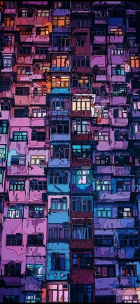 Vibrant Urban Melange: A Colorful Tower Block at Night