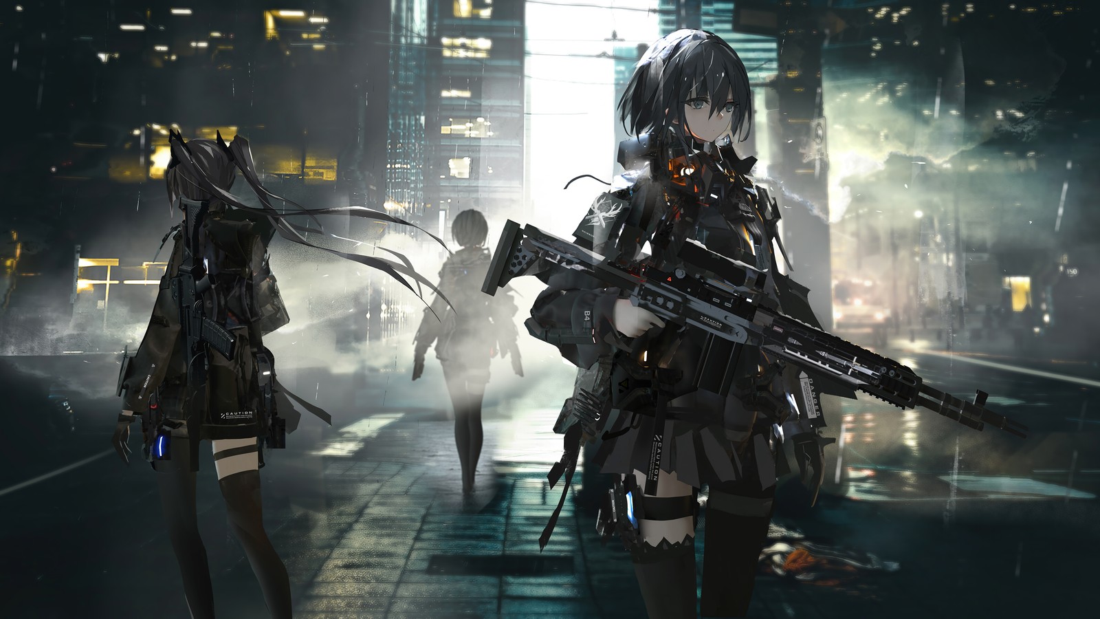 Un couple de filles anime avec des armes se tenant dans une ville (anime, filles danime, arme, soldat, science fiction)