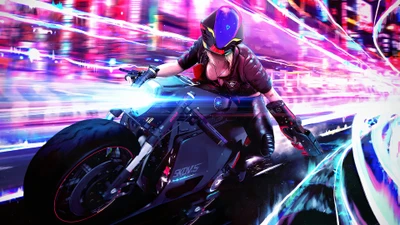 Cyberpunk-Biker-Mädchen in dynamischer Bewegung