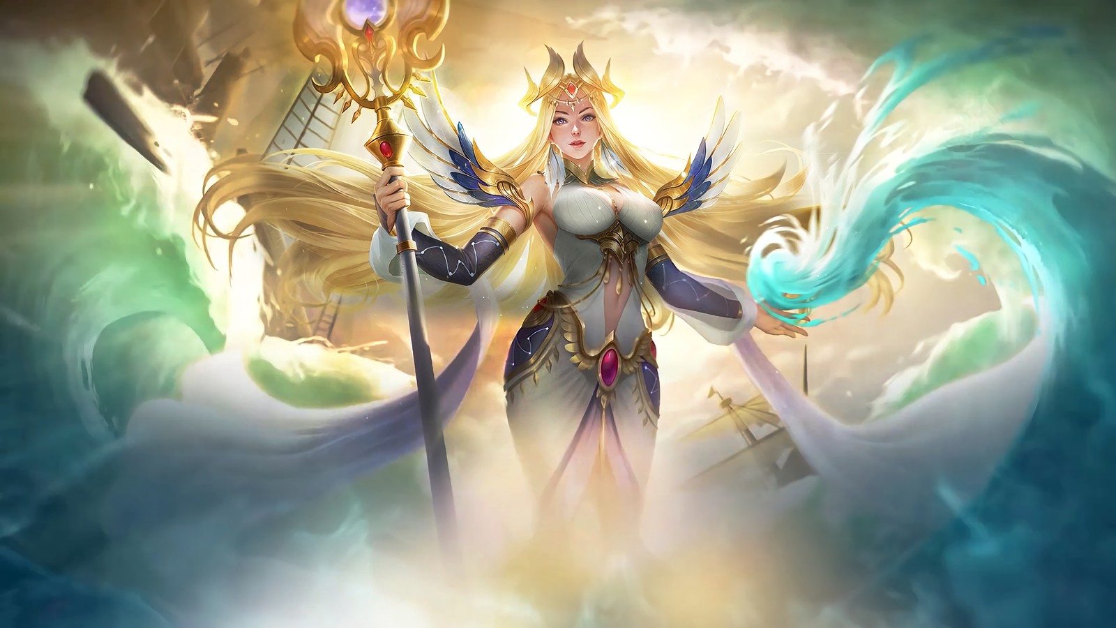 Une femme avec une épée et une couronne se tenant devant un château (kadita, robin blanc, peau, mlbb, mobile legends)