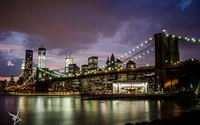 Atemberaubende nächtliche Skyline von Lower Manhattan und die beleuchtete Brooklyn Bridge