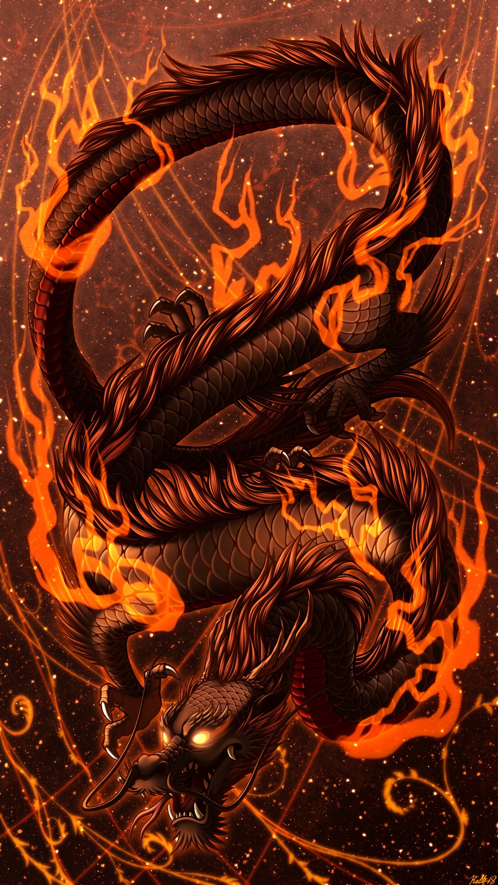 Descargar fondo de pantalla dragón, fuego, naranja, arte, ámbar