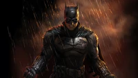 Dark and intense portrayal of Batman amidst a rain-soaked backdrop, embodying determination and strength.