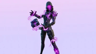 Fantasia épica de Fortnite: Personagem futurista com efeitos elétricos