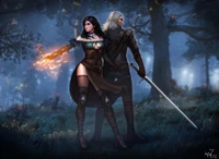 Geralt e Ciri estão unidos em meio a uma floresta mística