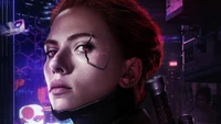 Cyberpunk Viúva Negra: Natasha Romanoff em uma paisagem futurista