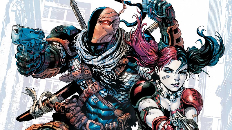 Пара женщин в костюмах с оружием (смертельный удар, deathstroke, harley quinn, dc comics, комиксы)