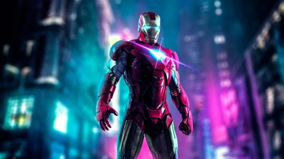 Iron Man in a vibrant urban setting, surrounded by colorful light effects.