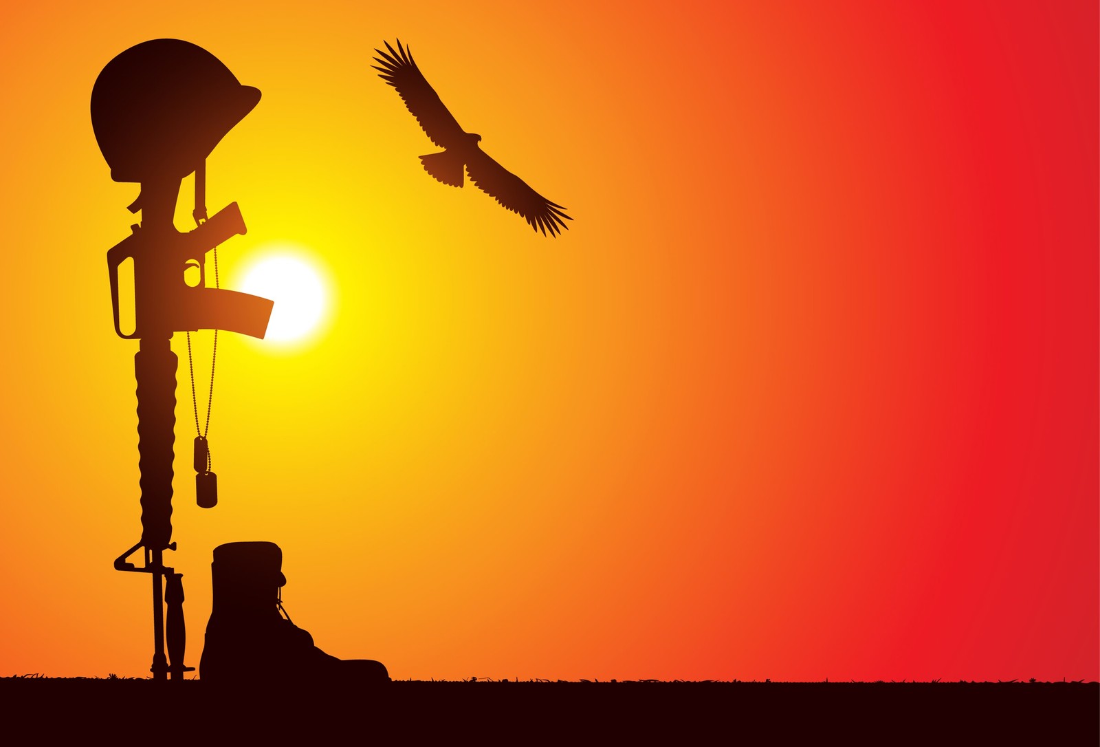 Silhouette of a man with a gun and a bird flying over him (silhouette, street light, heat, army, military)