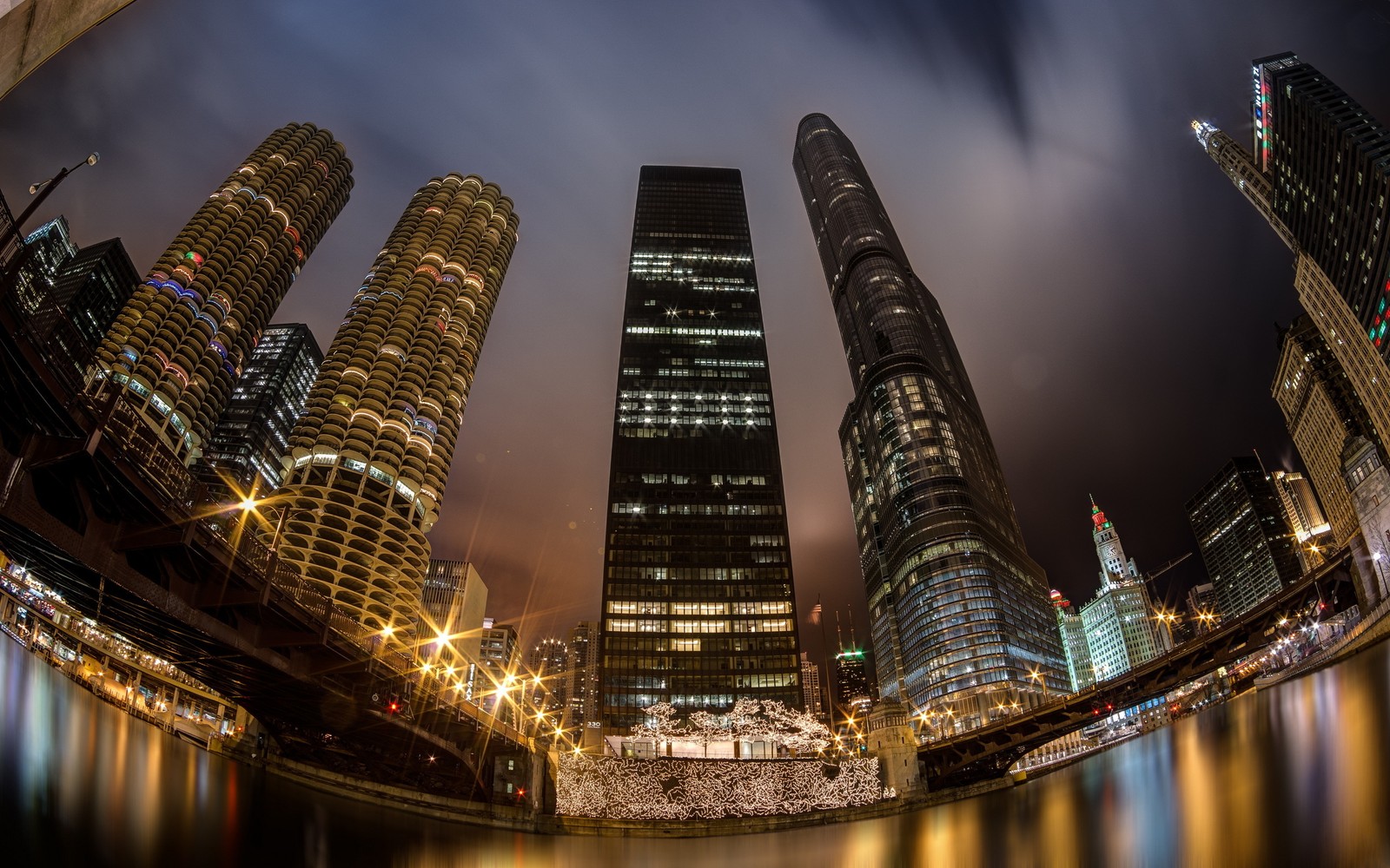 Arafed view of a city at night with a bridge and a river (chicago, fisheye lens, cityscape, city, skyscraper)