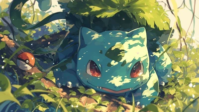 Ivysaur escondido entre a vegetação exuberante