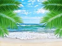 Tropical Paradise: Palm Fronds Framing a Serene Caribbean Beach Scene