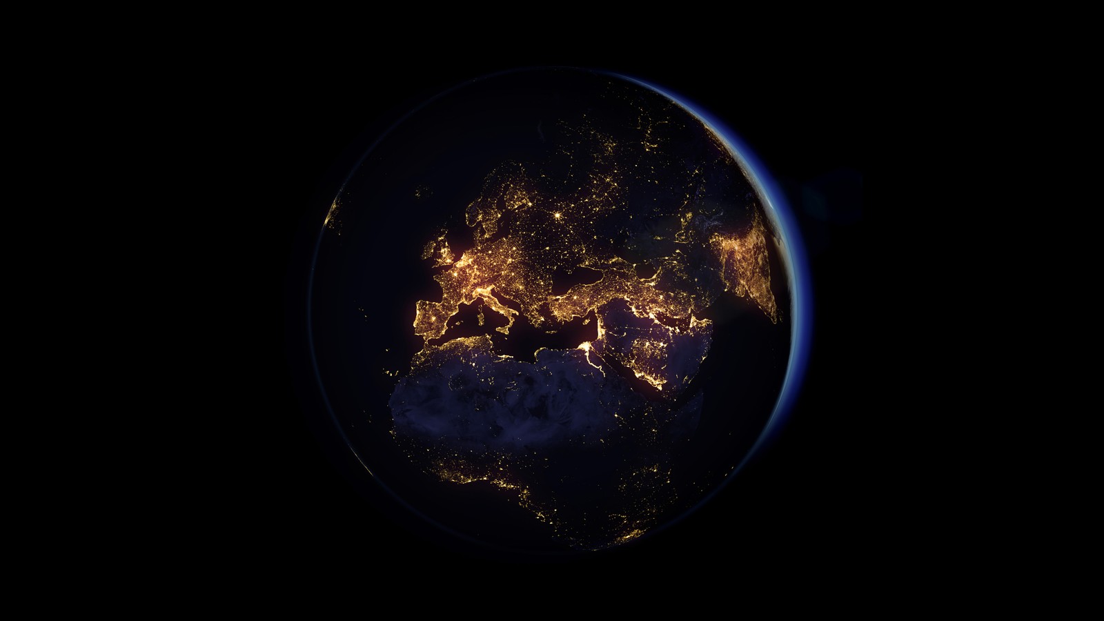 Die erde bei nacht mit lichtern der städte und bergen (planet, erde, raum)