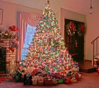 Festive Christmas Tree Adorned with Lights and Gifts