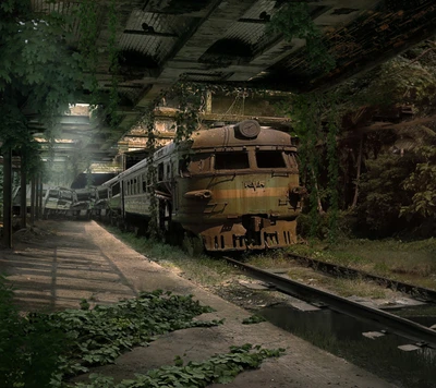 Estación de tren abandonada abrazada por la naturaleza