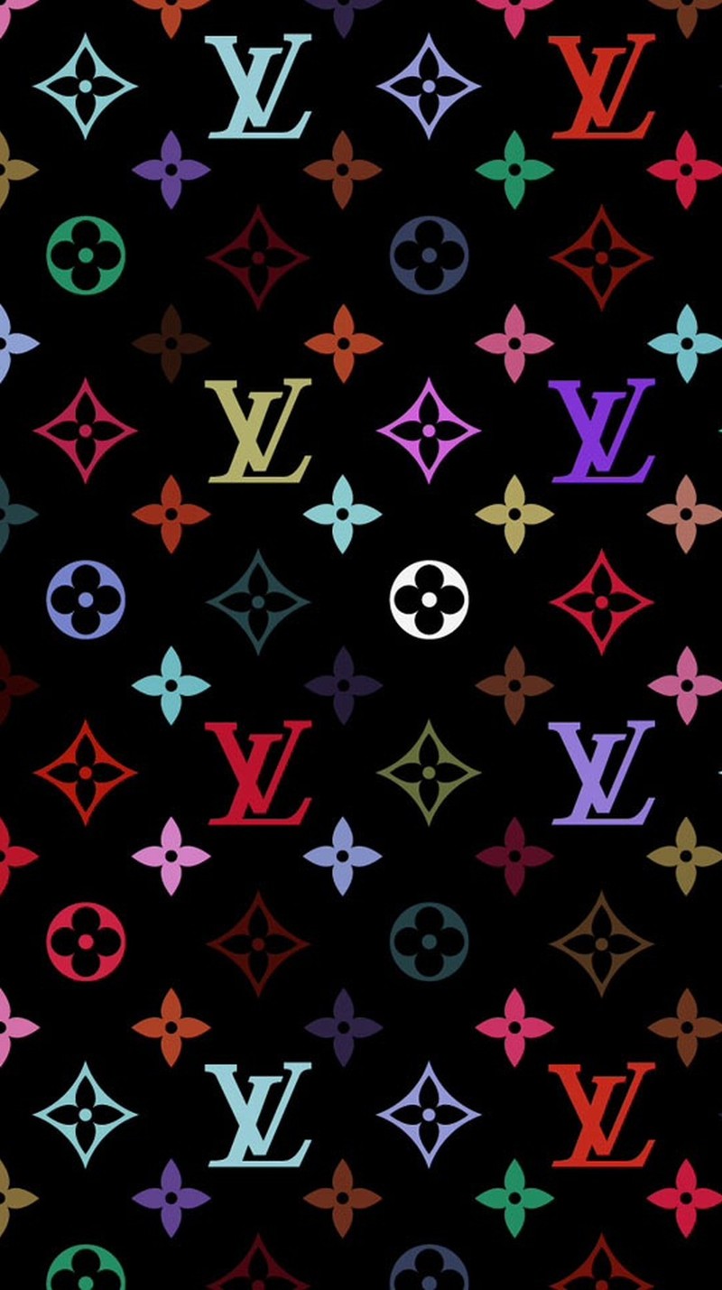 Крупный план узора разных цветов на черном фоне (луи виттон, louis vuitton, lv, многоцветный)