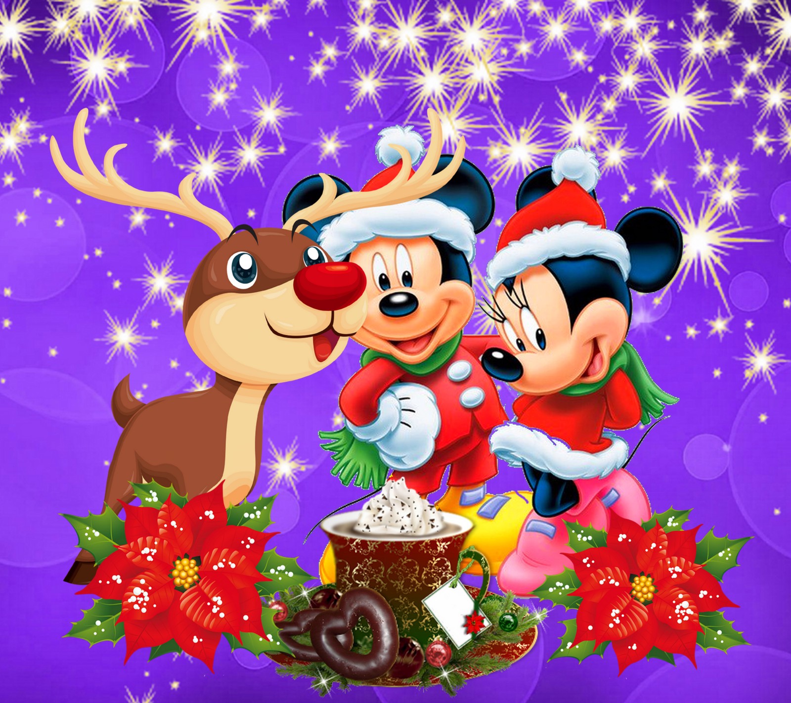 Mickey und minnie mouse küssen sich vor einem weihnachtskuchen (disney, frohe weihnachten, mickey mouse, weihnachten)