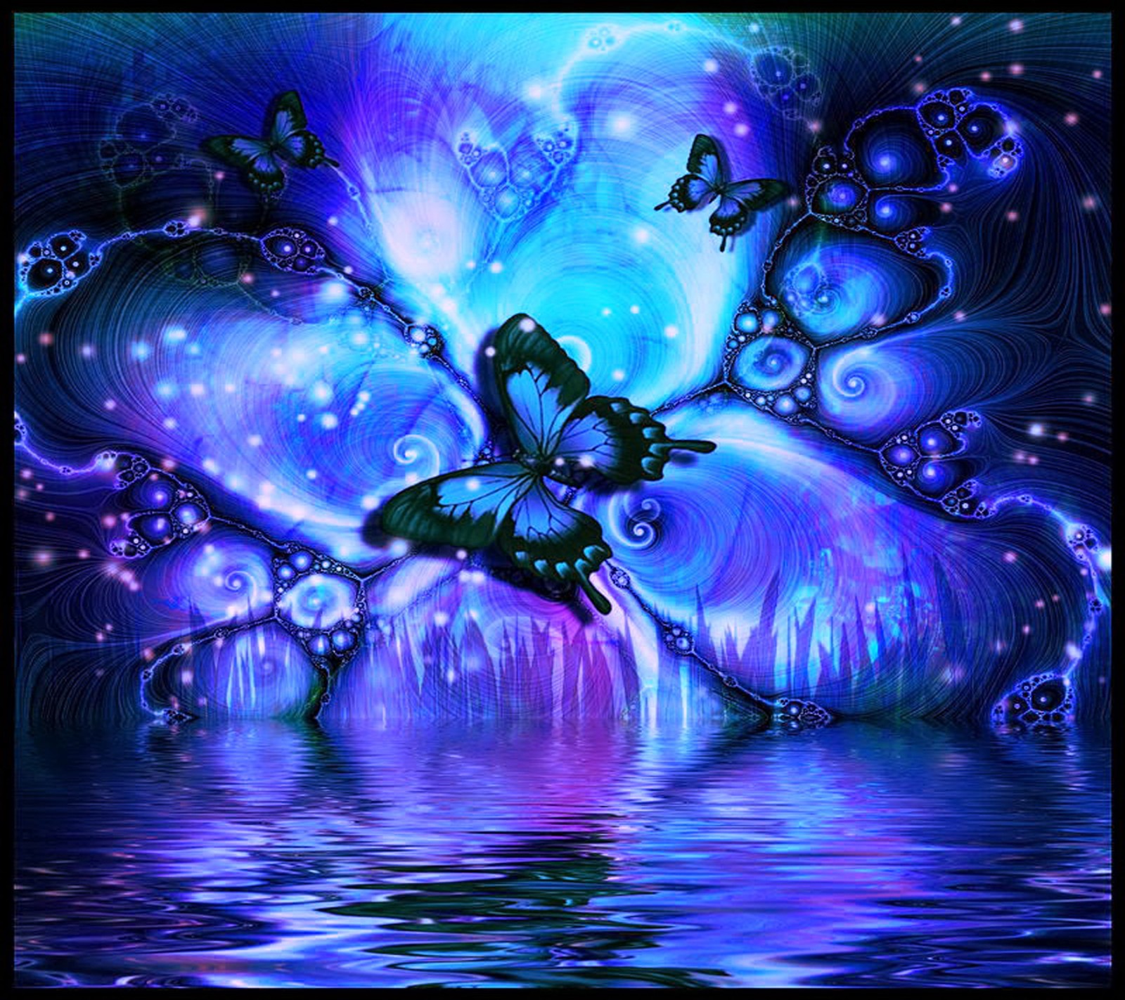 Purple and blue butterfly painting with water reflection (butterfly, wallpaper)