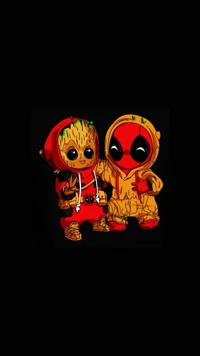 Groot fofo e Deadpool vestidos de tartarugas, compartilhando um momento brincalhão.