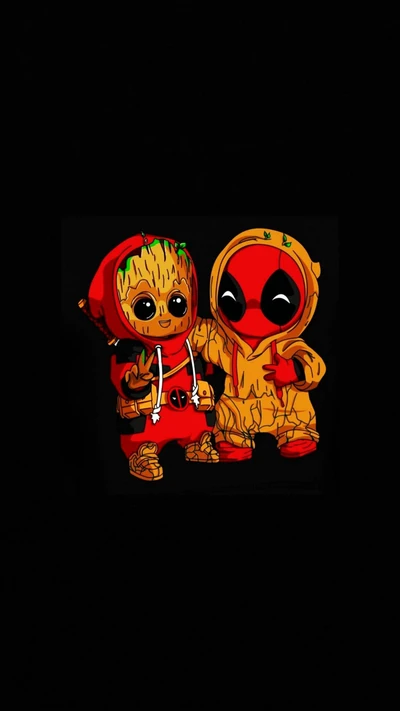 Niedlicher Groot und Deadpool in Schildkrötenkostümen, teilen einen verspielten Moment.