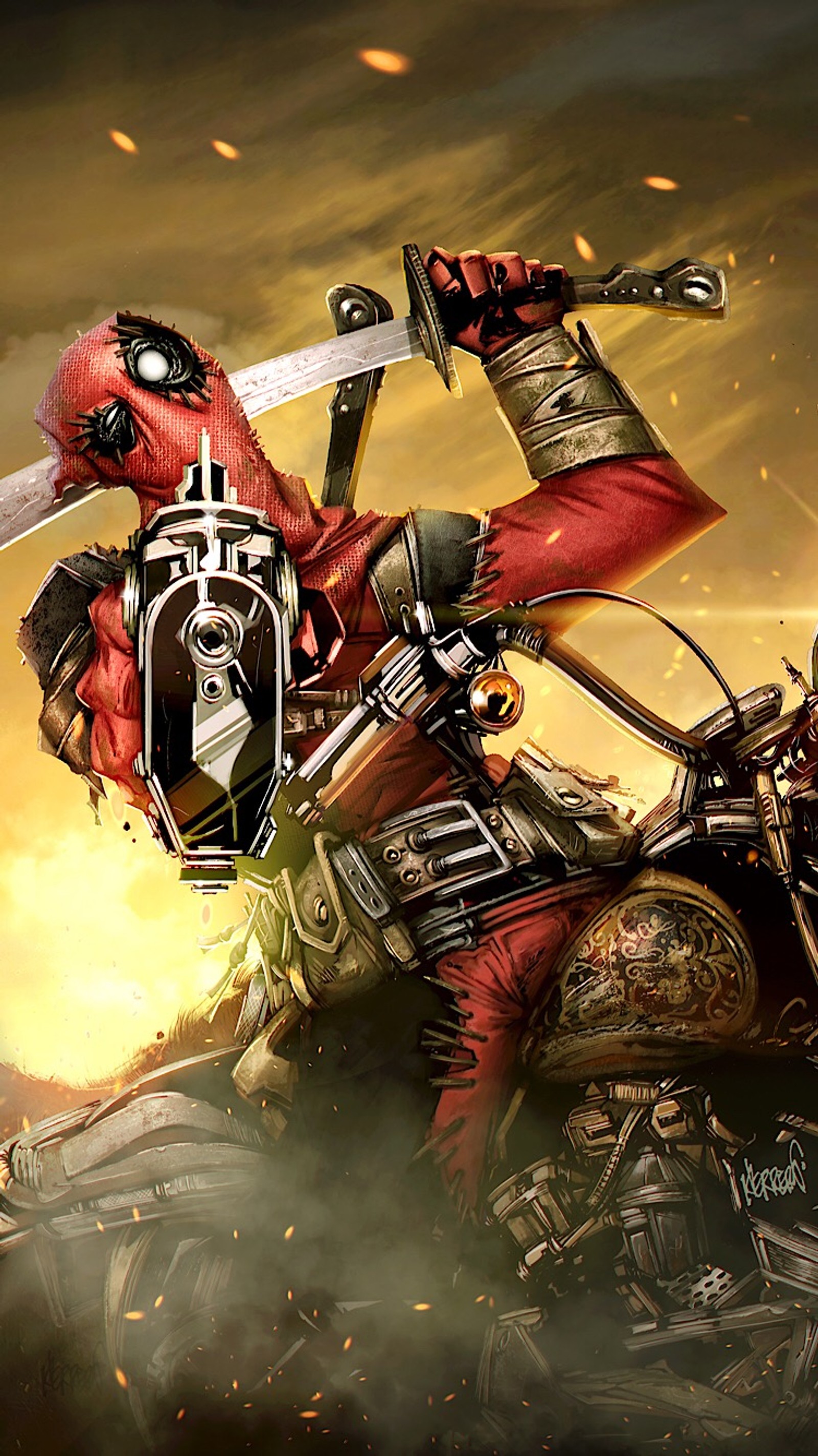 Deadpool fährt mit einem motorrad, einem schwert und einem helm (tot, schwimmbad)