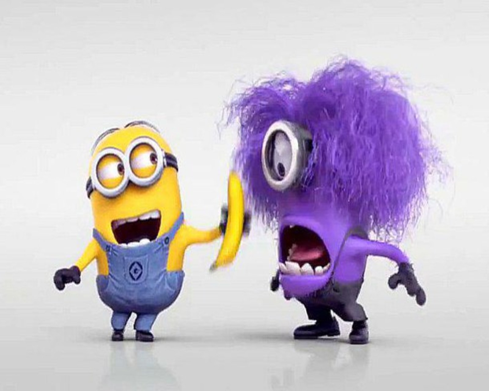 Two minions are standing next to each other with purple hair (cartoons, minions)