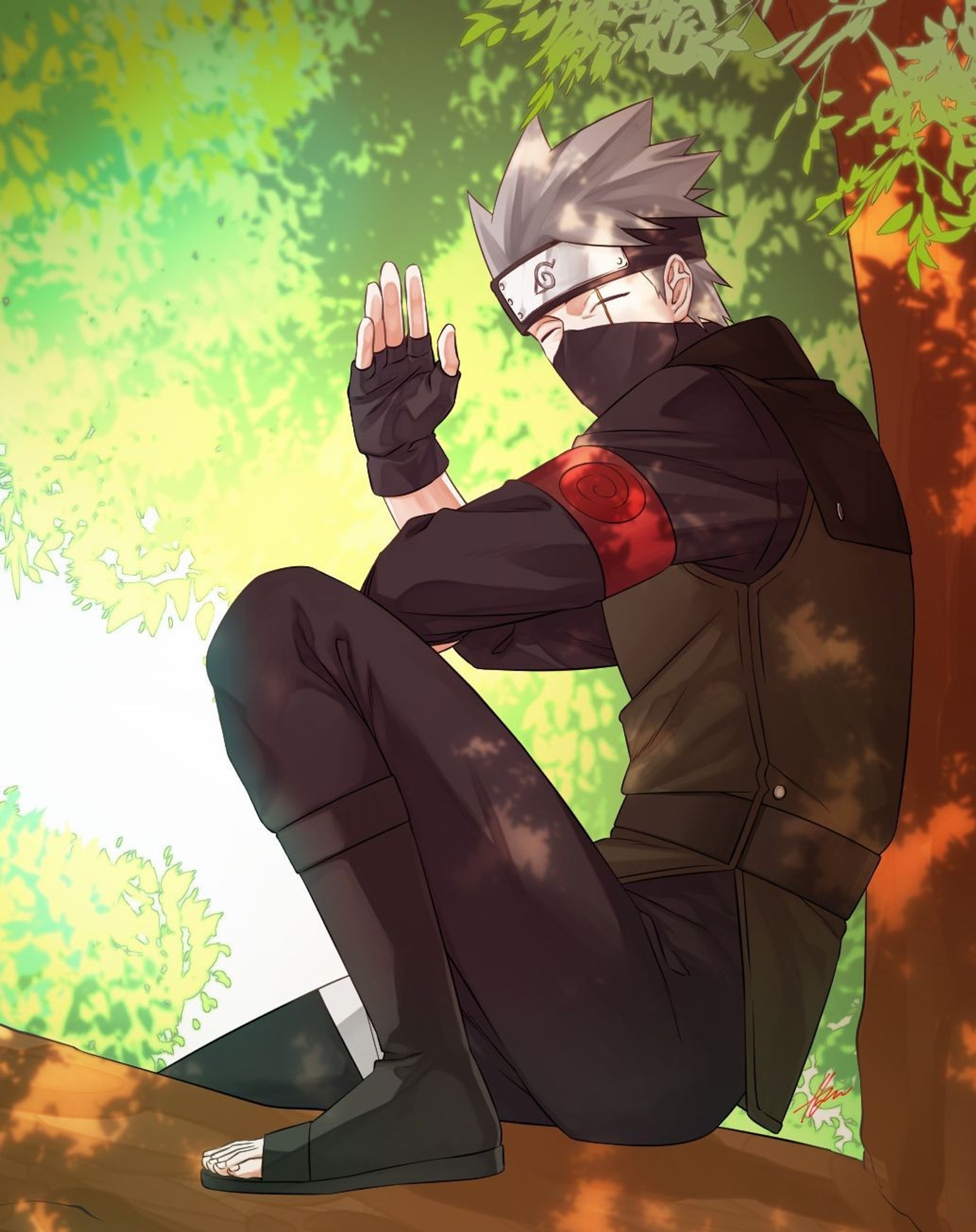 Imagen estilo anime de un hombre sentado en una rama de árbol (kakashi, naruto)