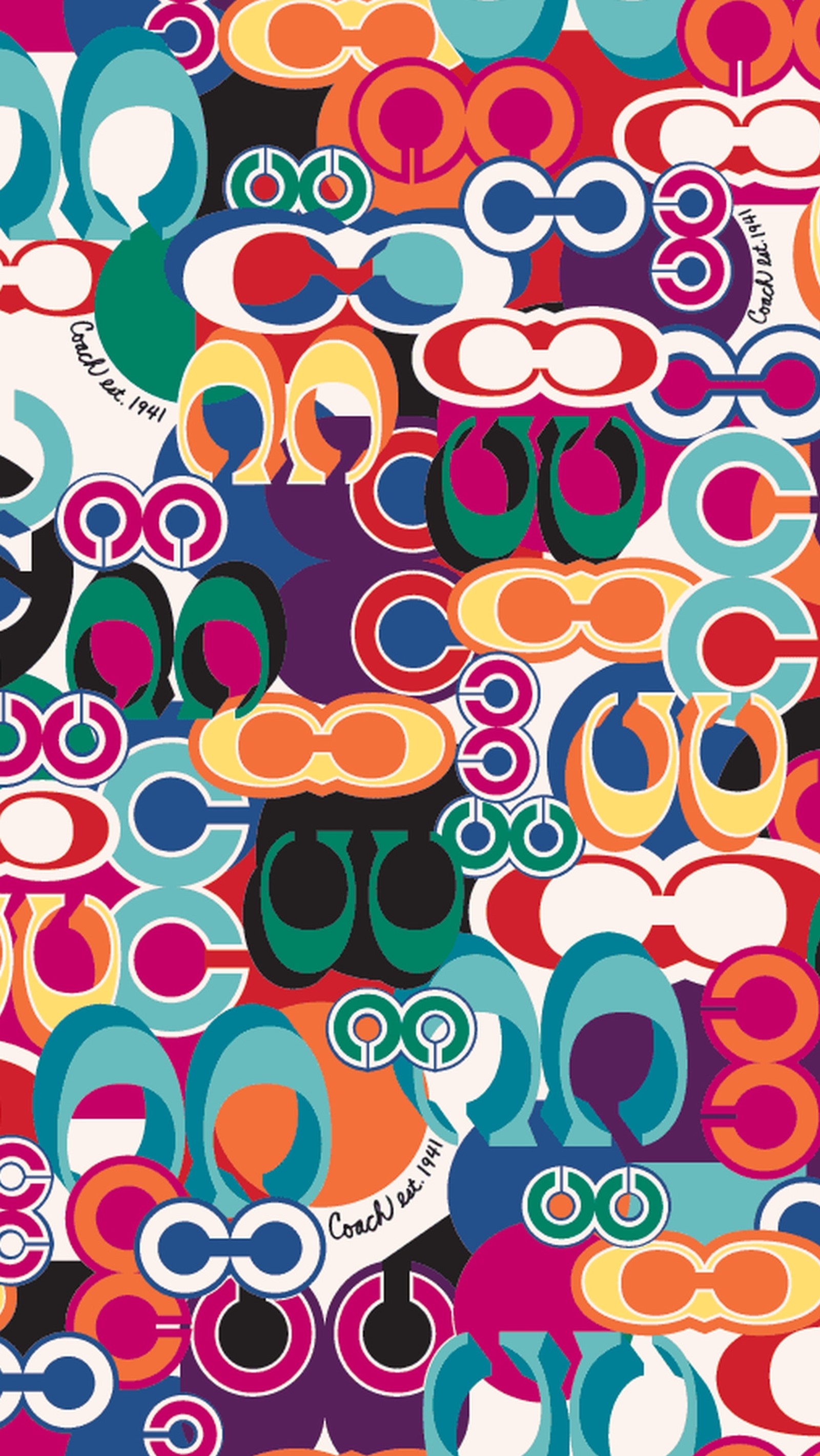 A close up of a colorful pattern of circles and hearts (coach, logo)