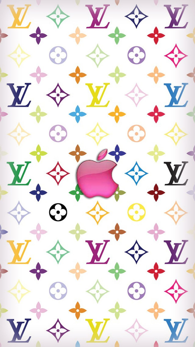 Близкий план цветного логотипа apple на белом фоне (яблоко, луи виттон, louis vuitton)