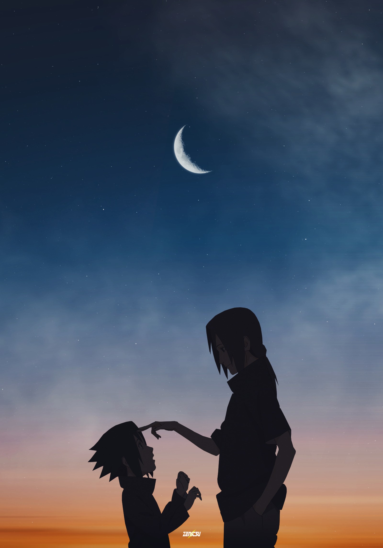 Un couple d'anime silhouetté contre la lune et le ciel (anime, éditer, itachi, naruto, nature)