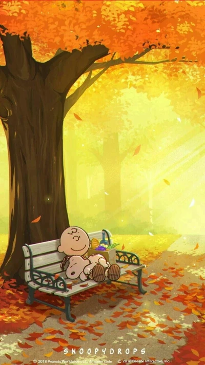 Charlie Brown et Snoopy se détendent sur un banc au milieu des feuilles d'automne