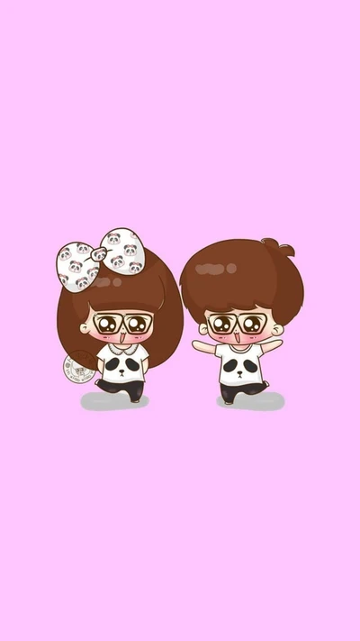 Joli couple de dessins animés avec des expressions ludiques, portant des tenues assorties sur le thème des pandas sur un fond rose.