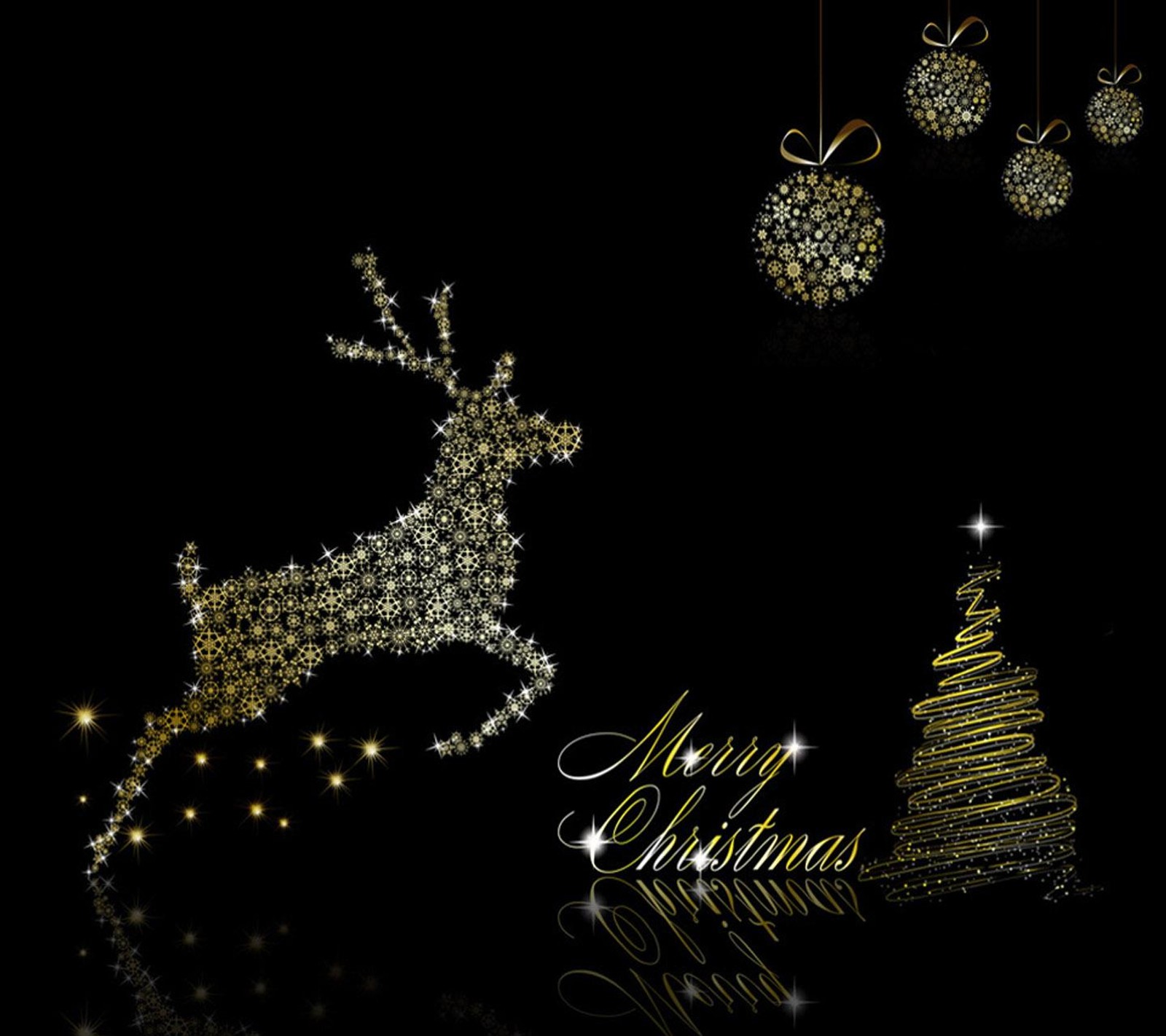 A close up of a reindeer and christmas tree on a black background (christmas, merry)