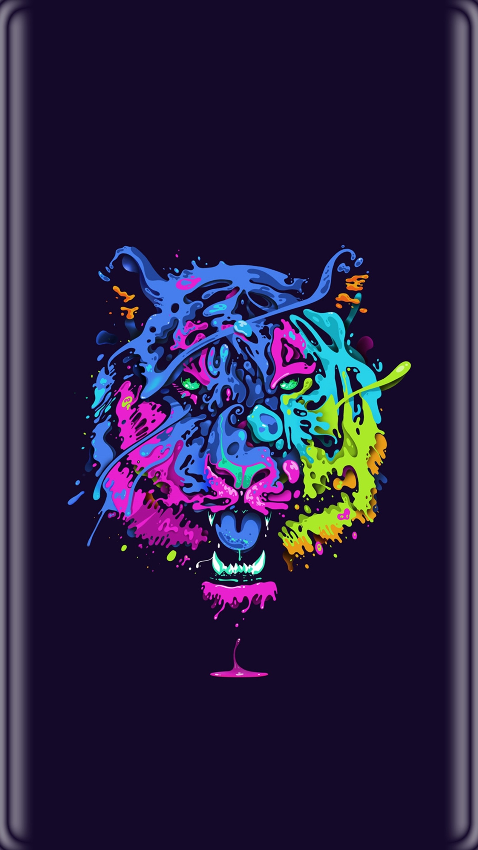 Close de um telefone com um tigre nele (colorido, borda, arte gráfica, néon, roxo)