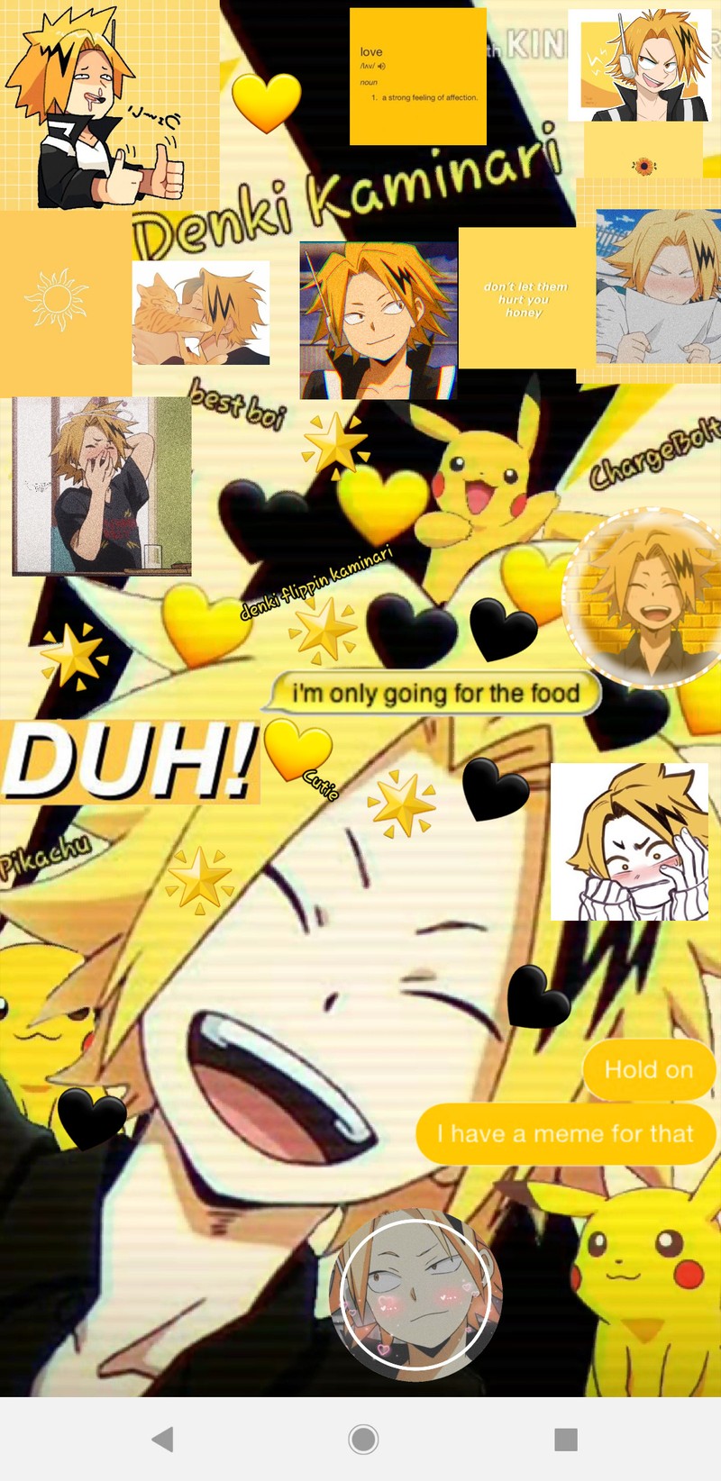 Los personajes de anime se muestran en un fondo amarillo con un fondo negro (denki kaminari, my hero academia)