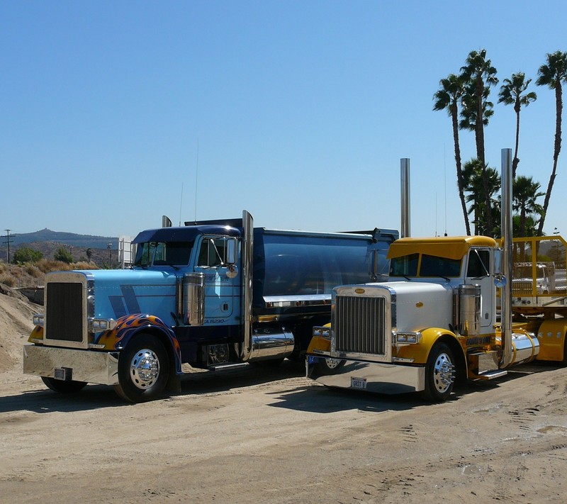 There is a large truck that is parked in the dirt (cool, trucks)