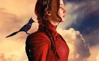 Katniss Everdeen como Sinsajo con un cuervo posado