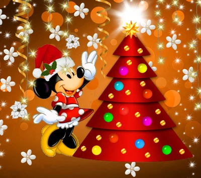 Minnie Mouse celebrando um Feliz Natal ao lado de uma árvore decorada festivamente