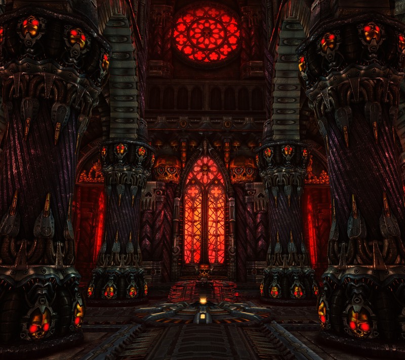 A close up of a very large room with a big red window (3d, building, dungeon, skull)