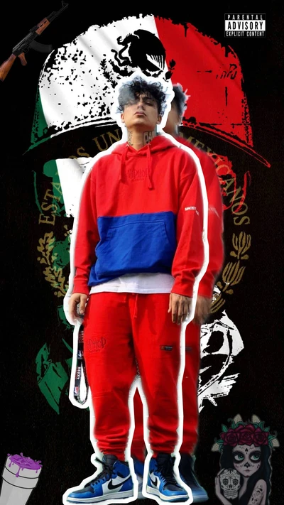 A fashion-forward young man in a red and blue Nike outfit stands confidently against a backdrop featuring the Mexican flag and cultural elements.